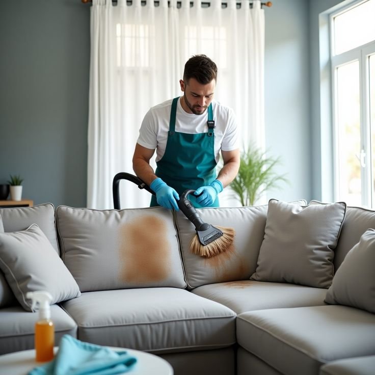 Professional upholstery cleaning technician removing stains from a fabric sofa using steam cleaning equipment in a Melbourne home.