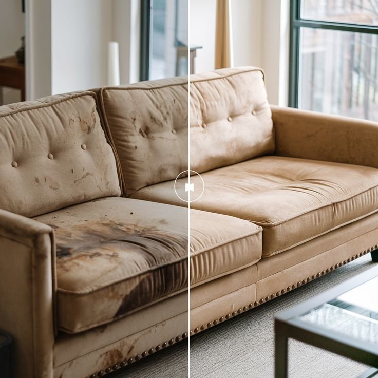 Before and after professional upholstery cleaning showing a stained fabric sofa restored with deep steam cleaning in a Melbourne home.