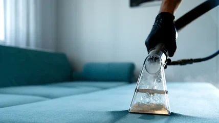 Professional upholstery steam cleaning of a fabric sofa in Melbourne using hot water extraction to remove dirt, stains, allergens and odours.