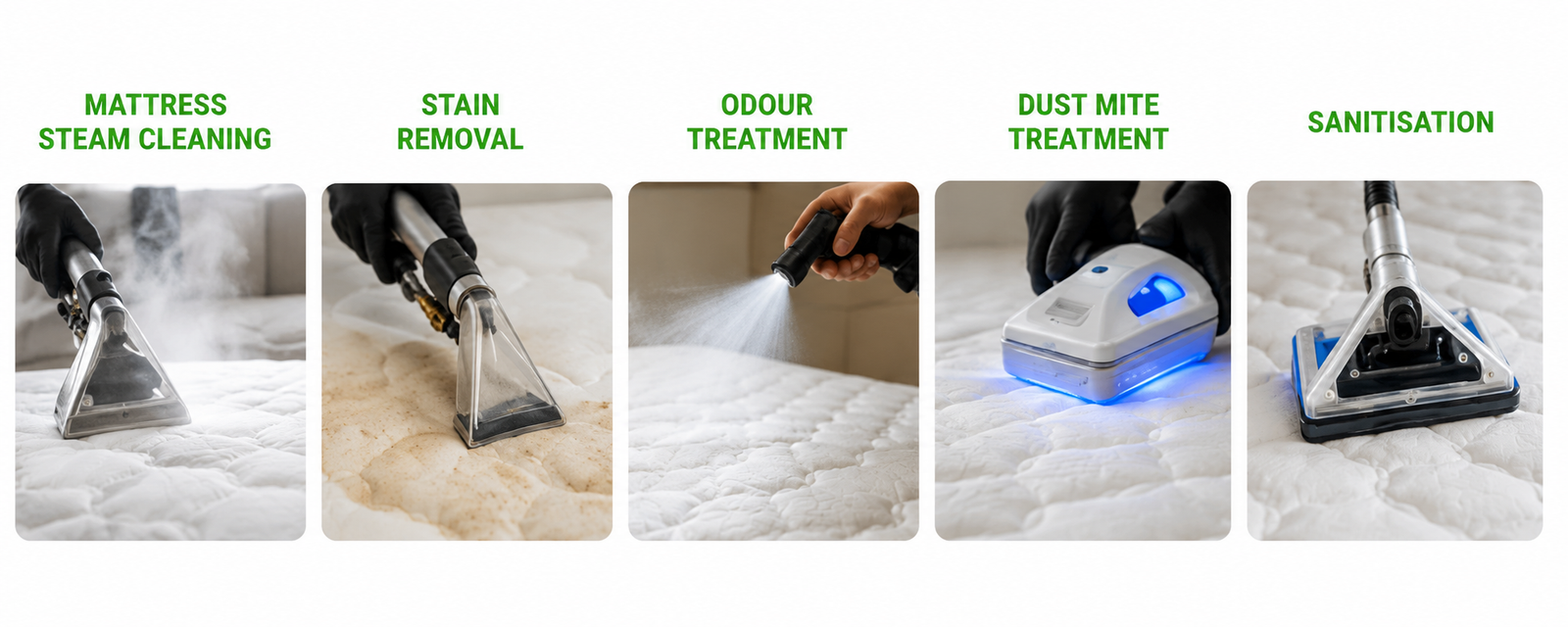 Mattress cleaning treatments showing steam cleaning, stain removal, odour treatment, dust mite treatment and sanitisation for Melbourne homes.