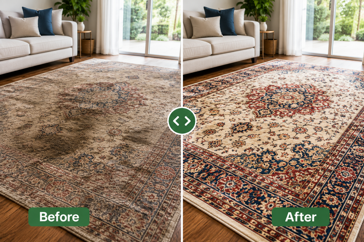 Can You Steam Clean a Rug Safely Before and after professional rug cleaning showing a heavily soiled area rug cleaned to reveal a brighter, clearer pattern in a Melbourne home.
