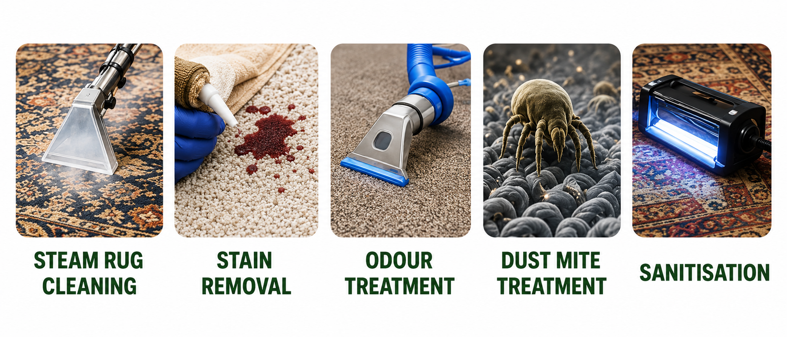 Rug cleaning services showing steam rug cleaning, stain removal, odour treatment, dust mite treatment and sanitisation for Melbourne homes.