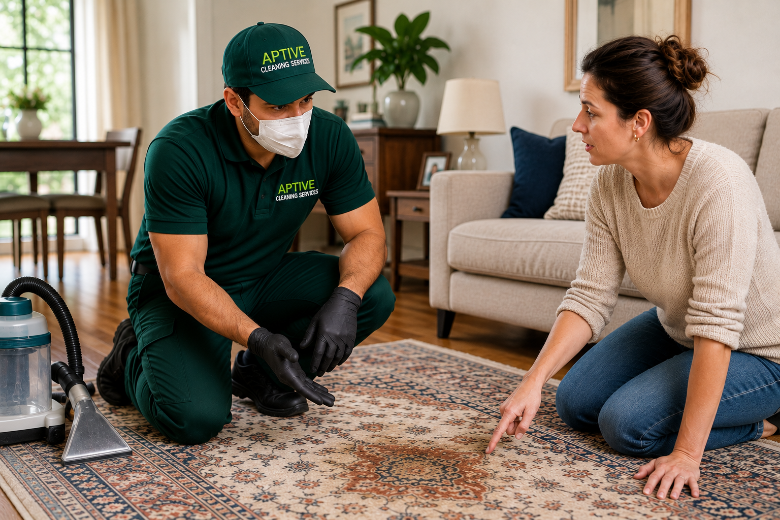 Aptive Cleaning Services technician inspecting a stained rug with a homeowner before professional rug cleaning in a Melbourne home.