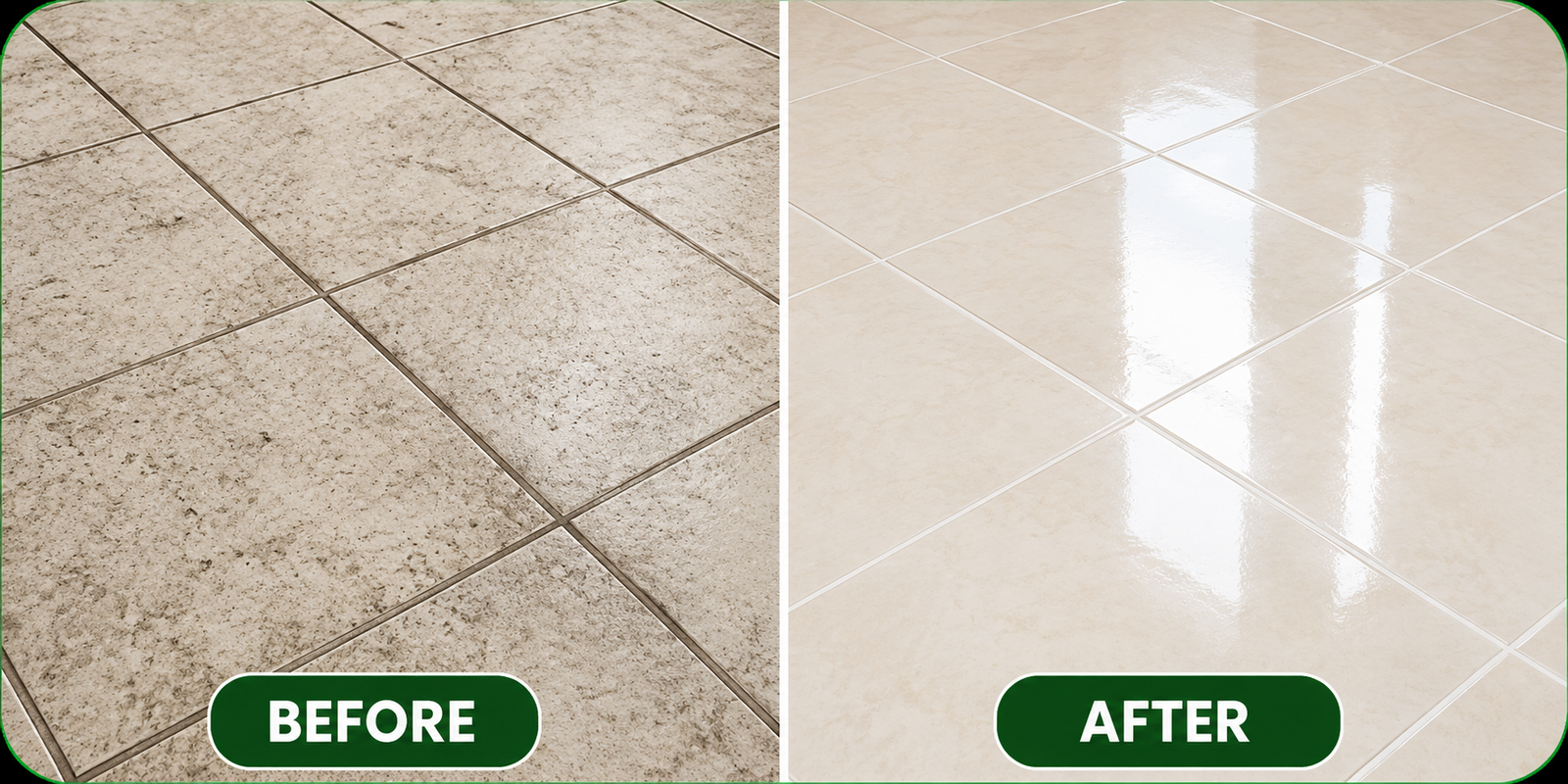 Why Does Grout Turn Black? Before and after tile and grout cleaning showing stained floor tiles restored to a cleaner, brighter finish.