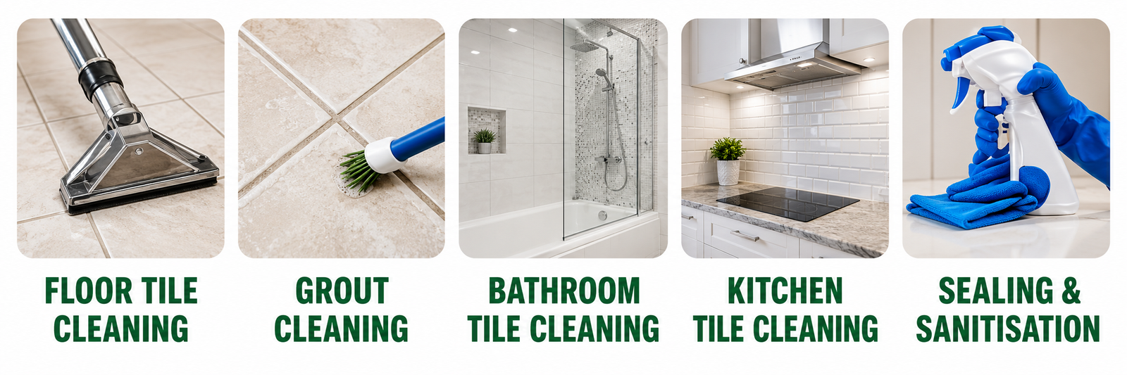 Tile and grout cleaning services showing floor tile cleaning, grout cleaning, bathroom tiles, kitchen tiles, sealing and sanitisation.