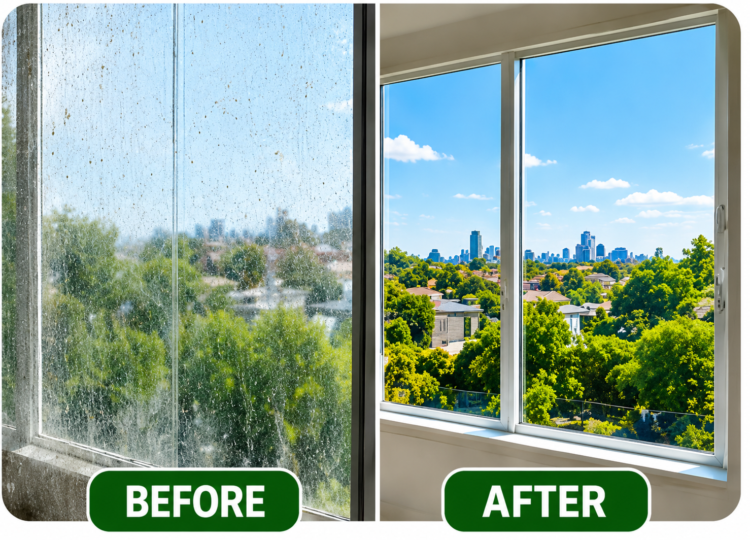 Why Do Windows Get Dirty So Quickly? Melbourne Cleaning Advice Before-and-after window cleaning showing heavily soiled glass restored to a clear, streak-free finish with a Melbourne city view.