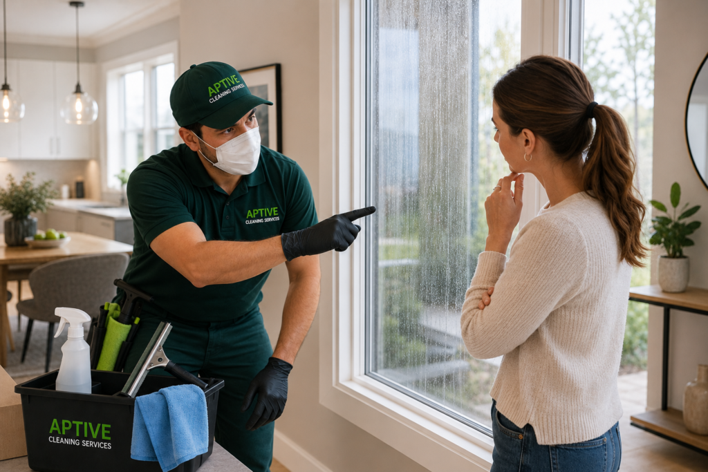 Aptive Cleaning Services technician explaining window cleaning needs to a Melbourne homeowner beside visibly dirty residential window glass.