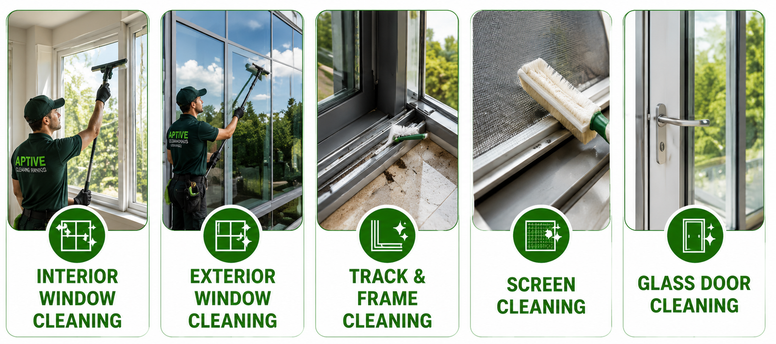 Aptive Cleaning Services window cleaning services in Melbourne including interior and exterior windows, tracks and frames, screens, and glass doors.