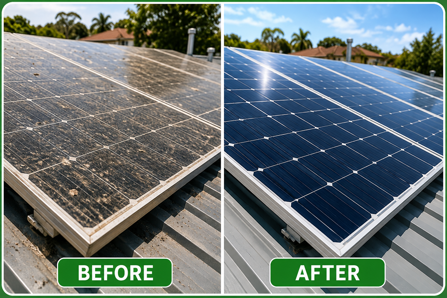 Before-and-after solar panel cleaning showing dirty panels covered with dust and grime restored to a clean surface on a Melbourne property.