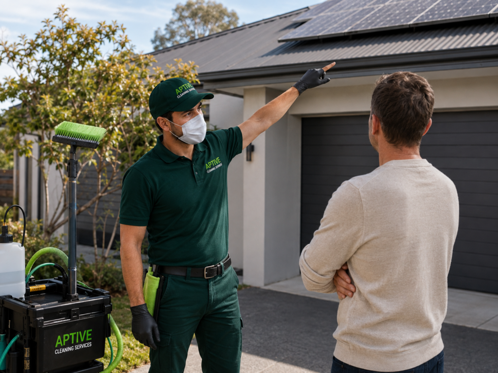 Aptive Cleaning Services technician discussing professional solar panel cleaning with a Melbourne homeowner beside rooftop solar panels.