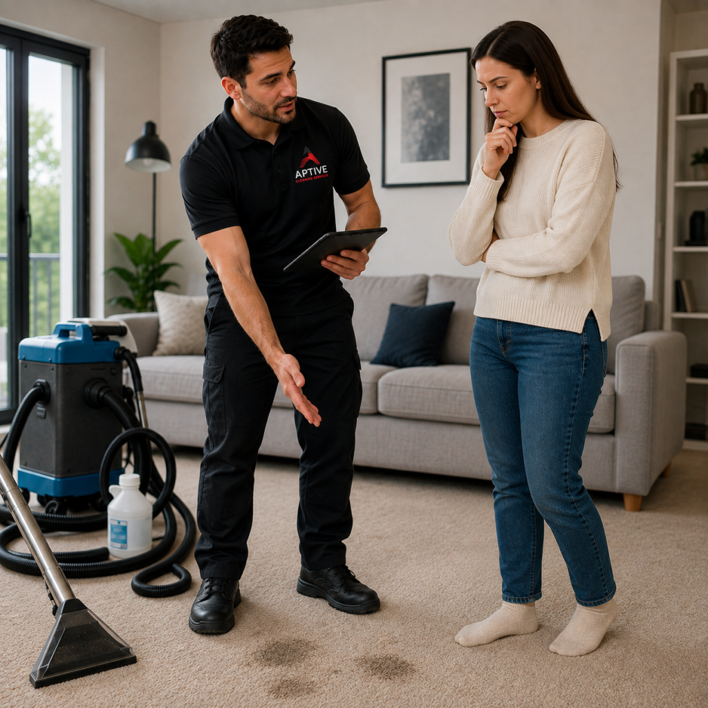Aptive Cleaning Services technician discussing stained carpet with a homeowner before professional carpet steam cleaning in Melbourne.