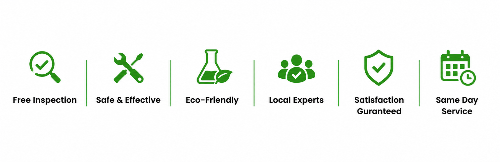 Cleaning service benefits including free inspection, safe and effective methods, eco-friendly solutions, local experts, satisfaction guarantee and same-day service.