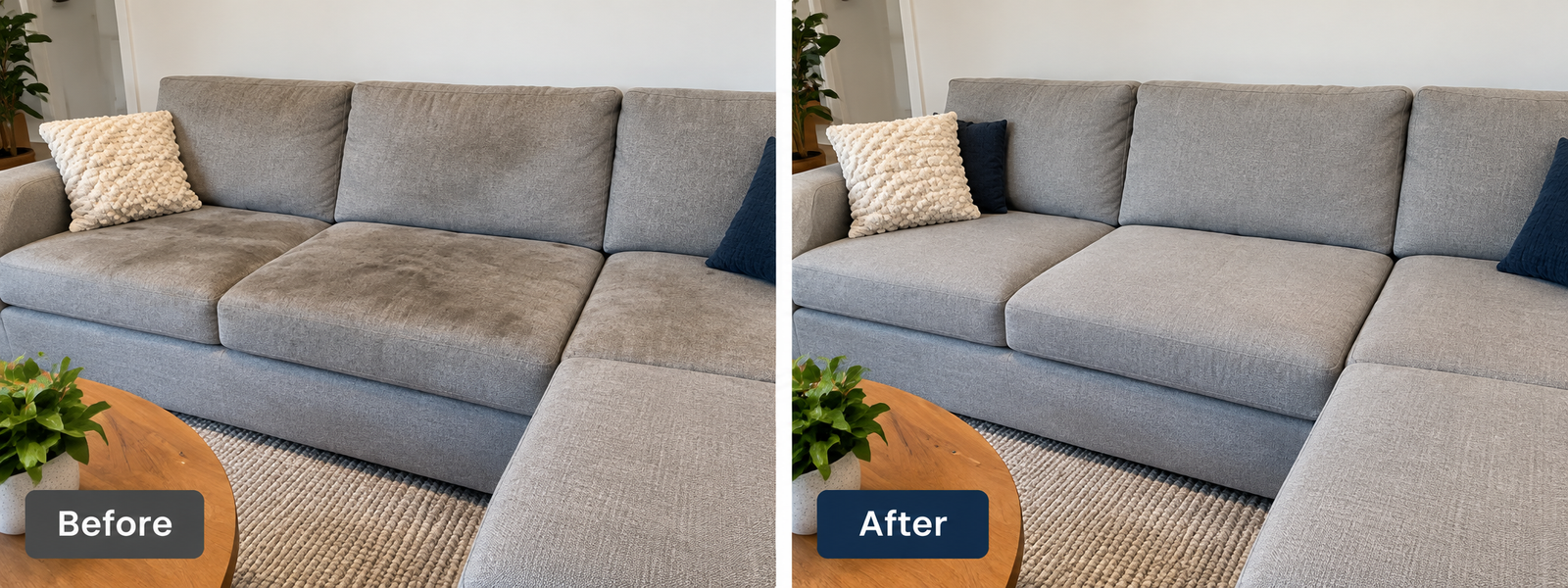 Before and after sofa cleaning in Kew Melbourne showing removal of dirt and seating-area marks