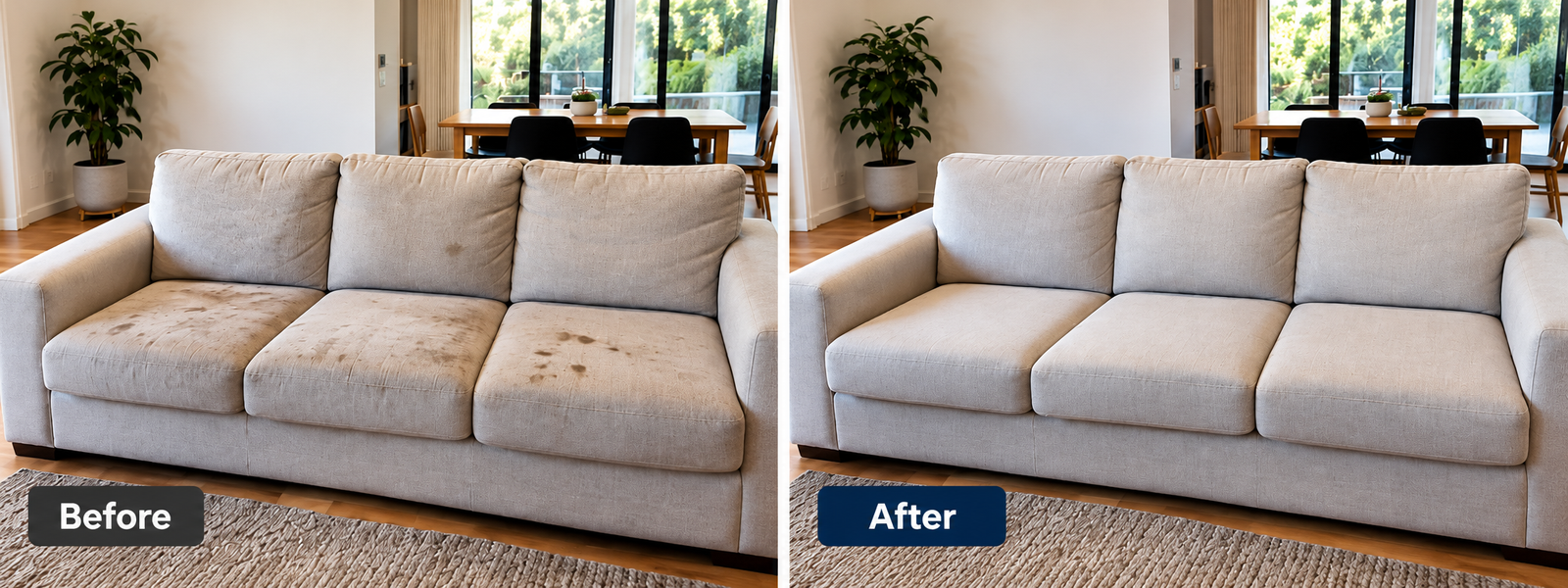 Before and after 3-seater couch cleaning in Richmond Melbourne showing stain and dirt removal