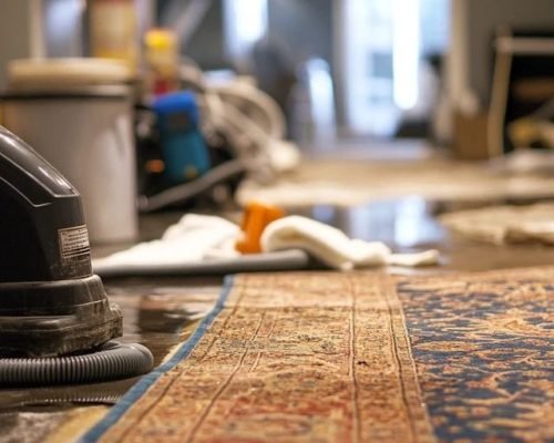 A professional rug and carpet cleaning machine removes dirt from a traditional area rug during a deep cleaning service.