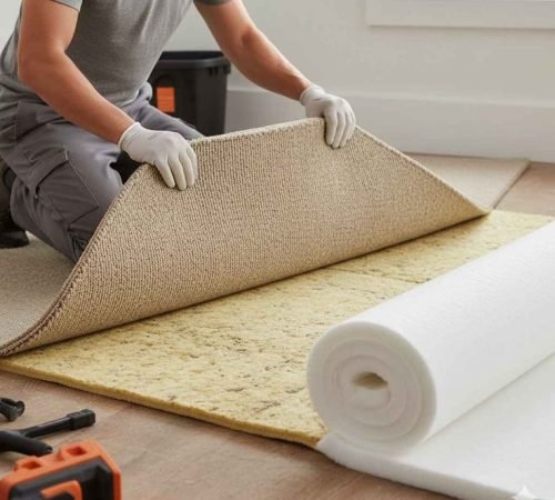 Carpet underlay installation during professional carpet laying service